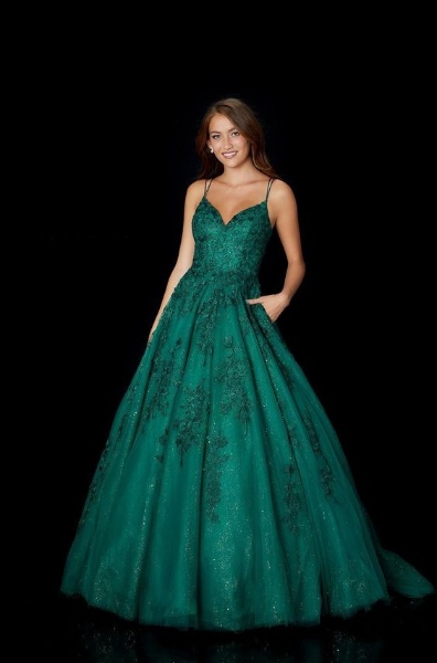 image of emerald lace ball gown